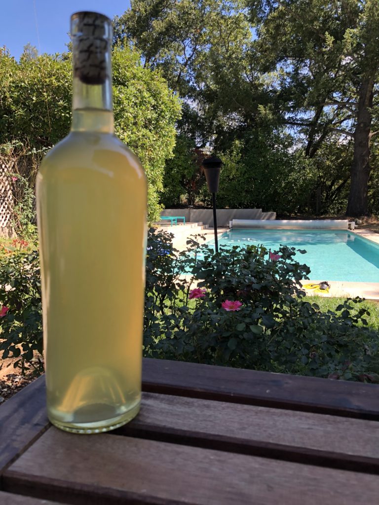Limoncello in the bottle by the pool